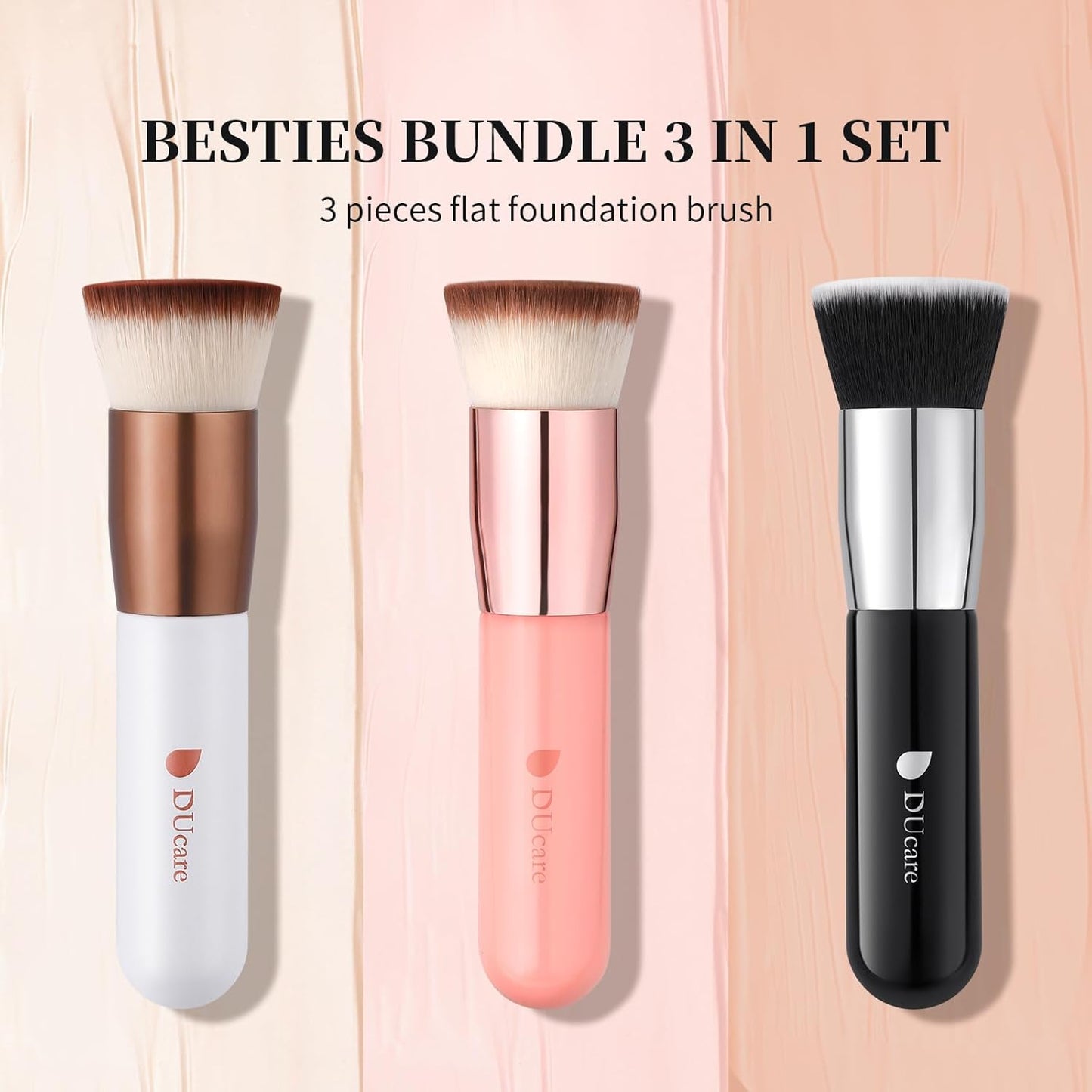 DUcare Large Flat Top Kabuki Foundation Brush Set - 3 Premium Brushes for Liquid, Cream & Powder Makeup | Buffing & Blending