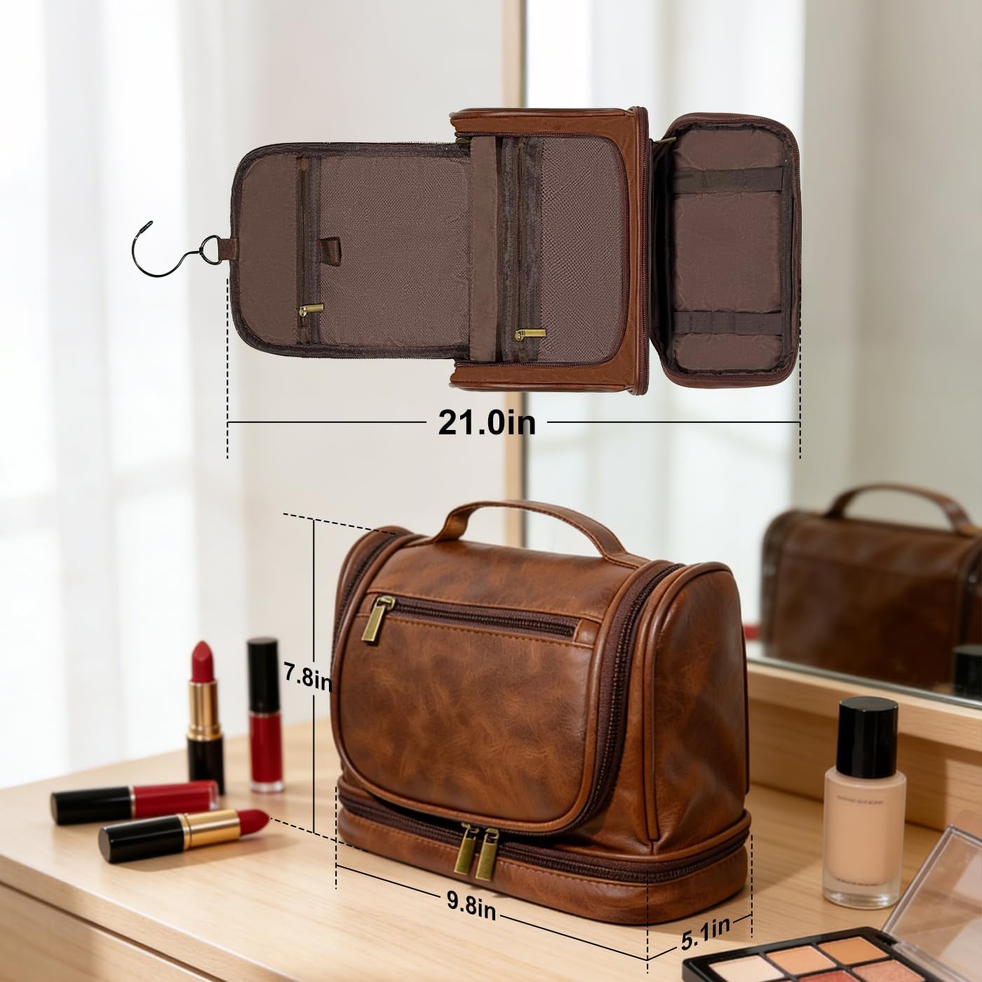 Travel Toiletry Bag - Leather Hanging Organizer | Waterproof with Separate Compartments - Dark Brown