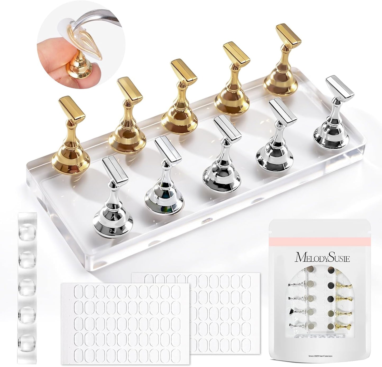 Nail Stand for Press Ons - Big Transparent Acrylic Base with Brush Holder & 100 Pcs Reusable Double-Sided Tape | DIY Salon Supplies