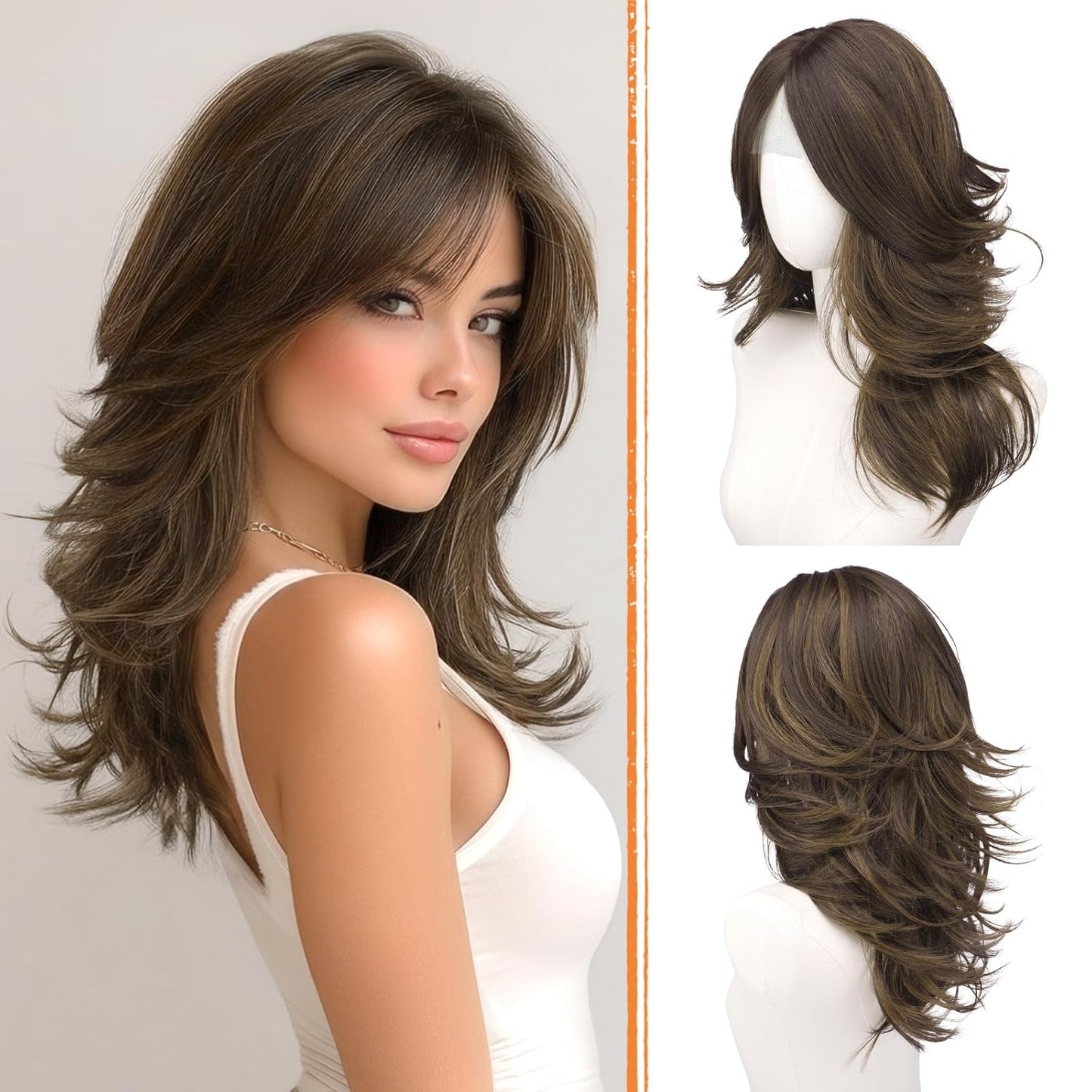 Brown Layered Wigs with Curtain Bangs - 20 Inch Long Wavy Synthetic Hair Wig for Women | Natural Looking Middle Part