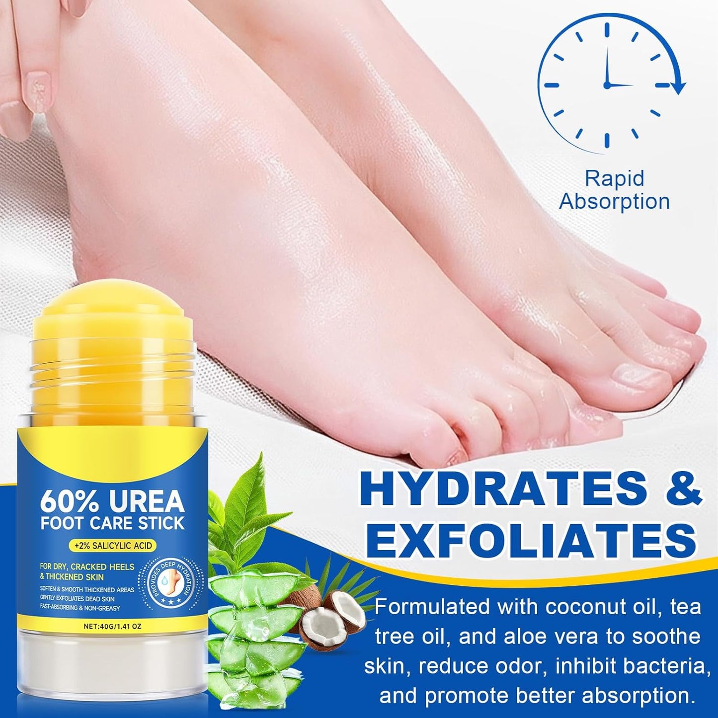 Urea Cream Stick with 2% Salicylic Acid - Maximum Strength Callus Remover for Dry Cracked Heels & Hands | 1.4oz (2 Pack)