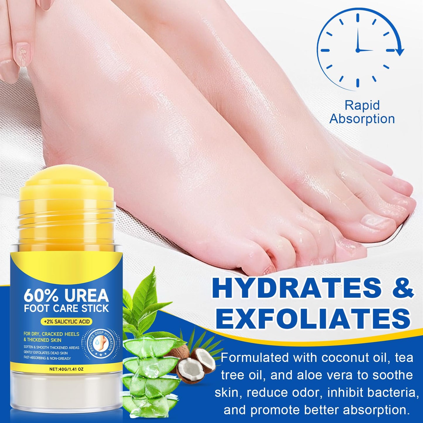 FANSHI 2 PCS Urea Stick 60% High Potency, Foot Care Urea Stick for Deeply Moisturizing & Fast Absorbing, Exfoliation for Dry Cracked Heels & Thickened Skin