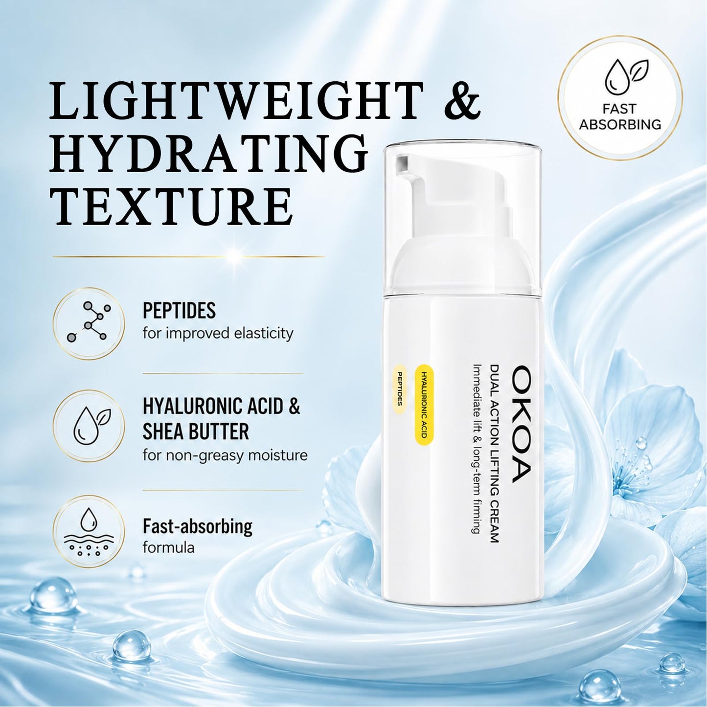 OKOA Cream Instant Lifting Cream, Dual Action Lifting Cream for Reduce Fine Lines & Wrinkles, Hydrating Soothing Moisturizer for Hydrating Daily Skin Care, 30ML