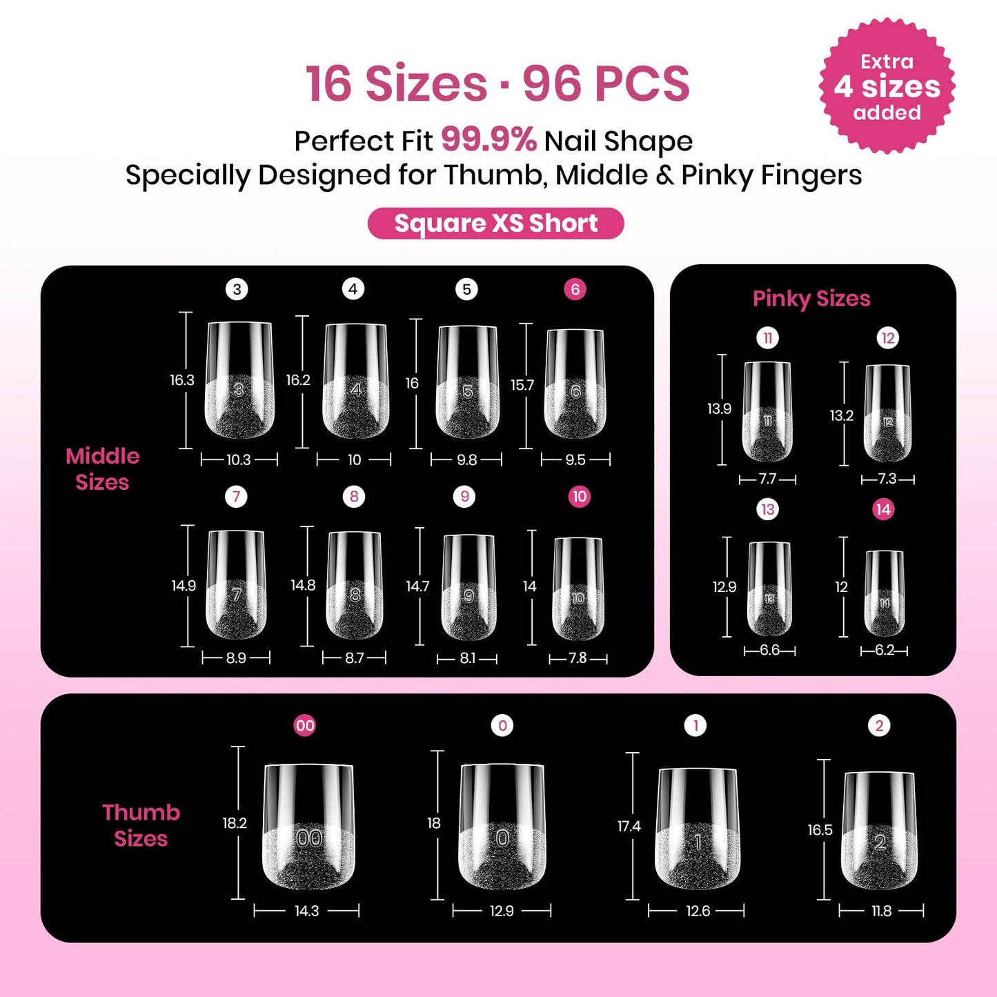 Beetles Tipex Lite Instant Apex Nail Tips, XS Square, 96pcs 16 Sizes(00-14)