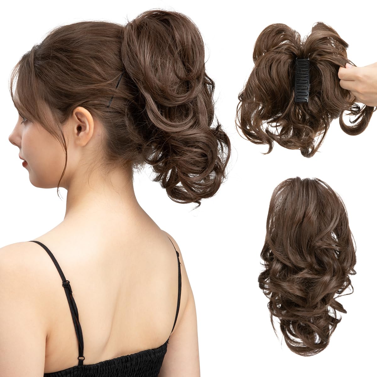 CJL Hair Claw Clip Short Ponytail Extensions - Bendable Metal Messy Bun Piece | Wavy Curly Synthetic Hair, Ash Grey