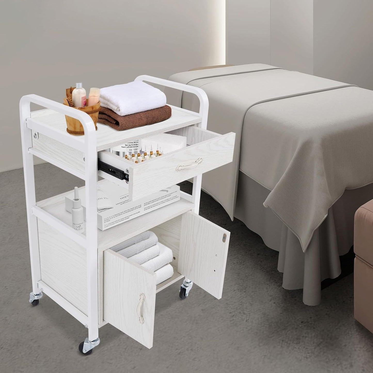 Salon Storage Trolley Cart - Movable Beauty Organizer with Drawers | Stylish White Hair Salon Station