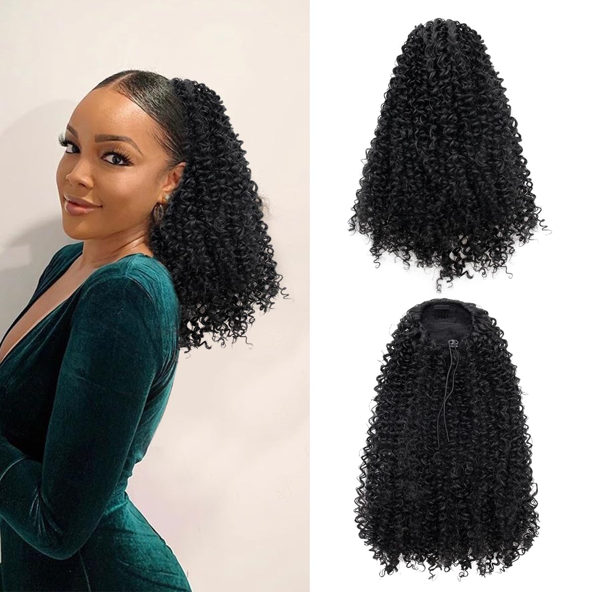 Drawstring Ponytail Extension - 14-Inch Short Afro Kinky Curly Hairpiece | Fluffy Synthetic Ponytail for Women