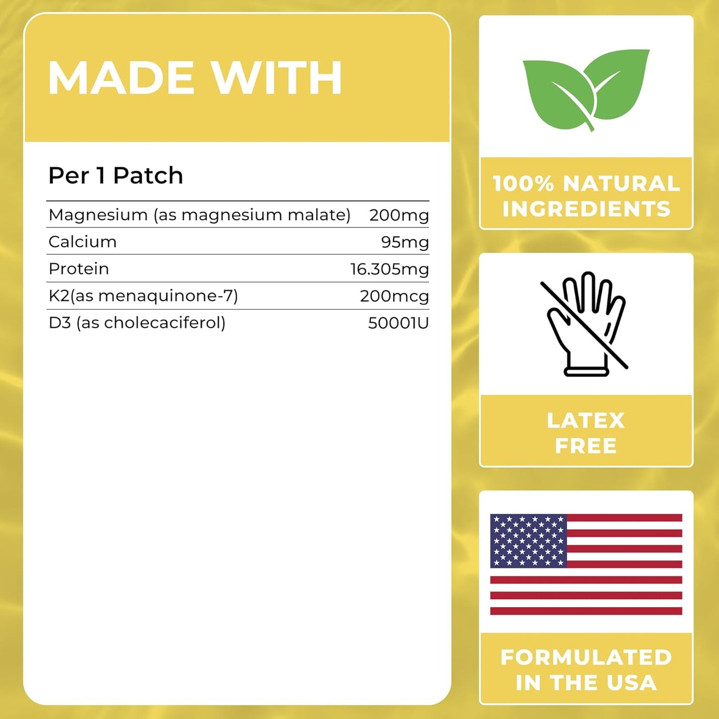 Magnesium Patches - 100% Natural Muscle & Bone Support Patches | Pack of 60 with Calcium