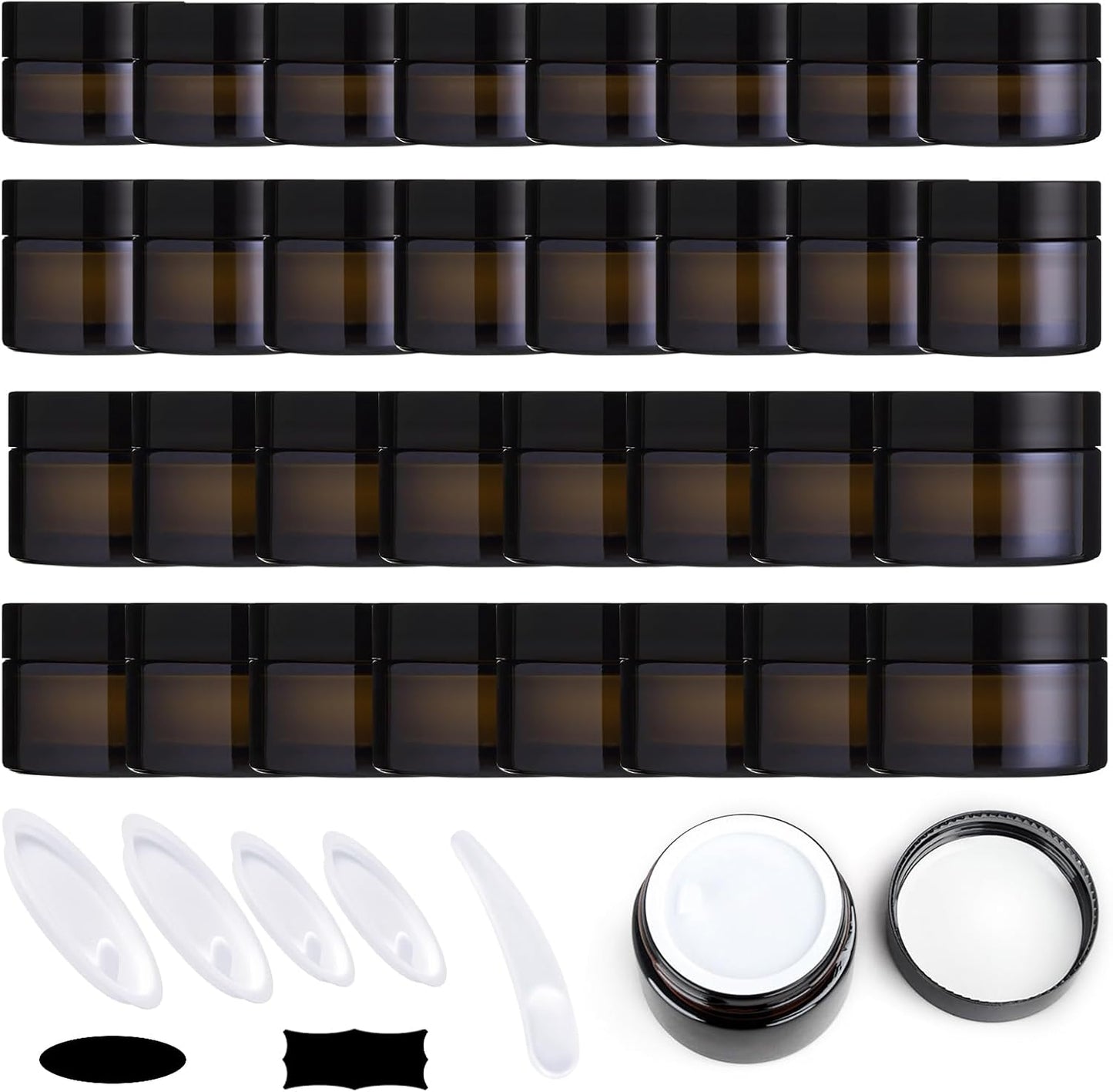Amber Glass Jars Set - 120 Pcs 60g with Black Lids, Inner Liners & Labels for Scrubs, Lotions & Bath Salts