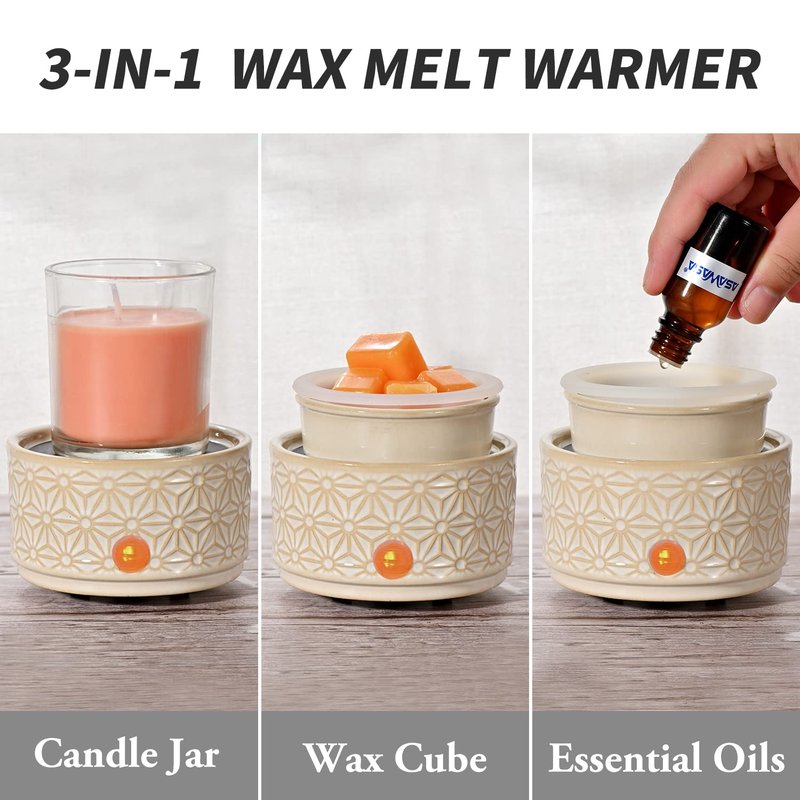 ASAWASA Candle Wax Melt Warmer with 1 pc Silicone Liner,Ceramic Wax Warmer,3-in-1 Candle Wax Melter and Fragrance Warmer for Warming(White Hexagon Pattern)