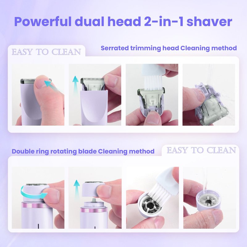 Bikini Trimmer for Women-2 in 1 Dual Head Electric Razors,IPX7 Waterproof Bikini Electric Shaver,Dry & Wet Use Painless Bikini Shaver,Pubic Hair Trimmer for Private Area & Body Hair,Purple