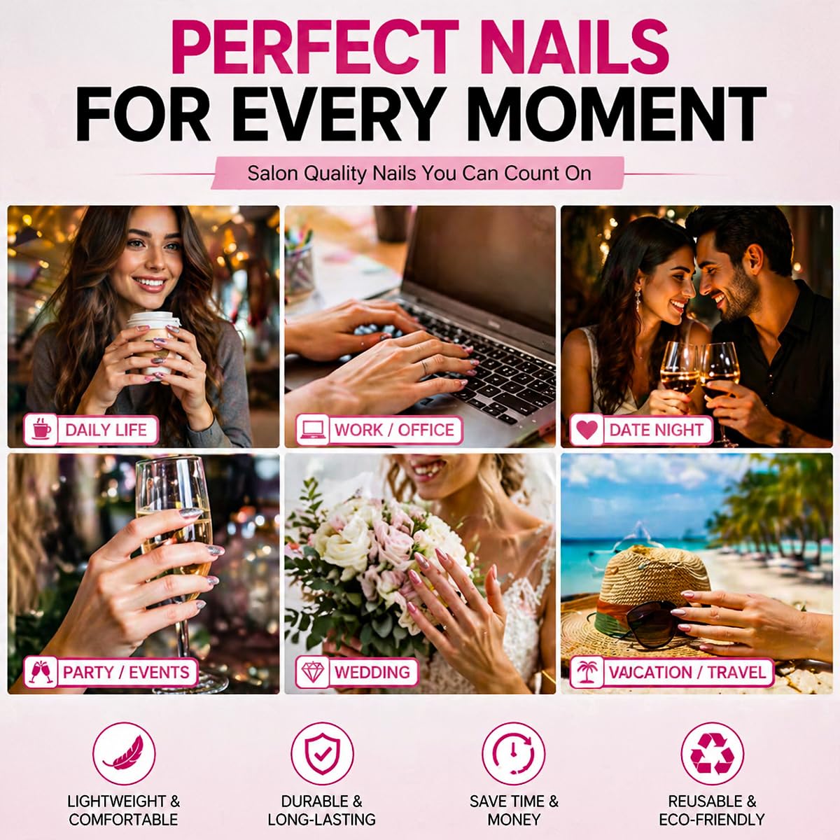 Medium Square French Tip Press-On Nails - 3D Flower & Rhinestone Designs | 24 Pcs Beach-Inspired Acrylic Set