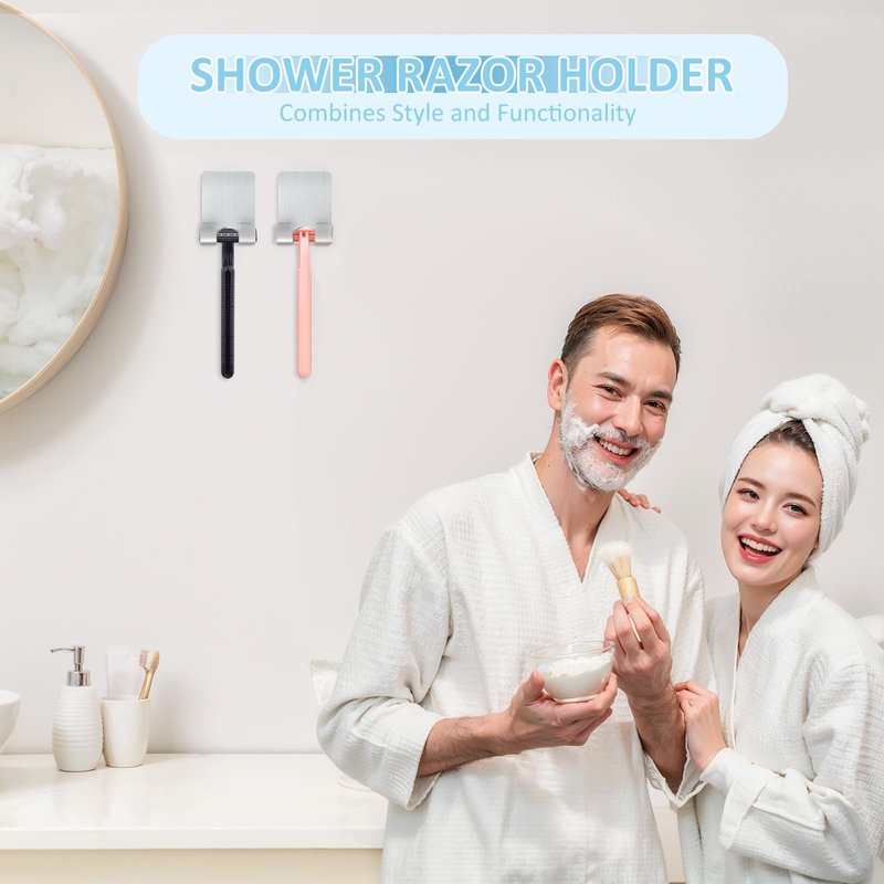 VIS'V Shower Wall Razor Holder, Metal Adhesive Razor Hooks for His and Hers, Waterproof, Silver, 2 Pcs
