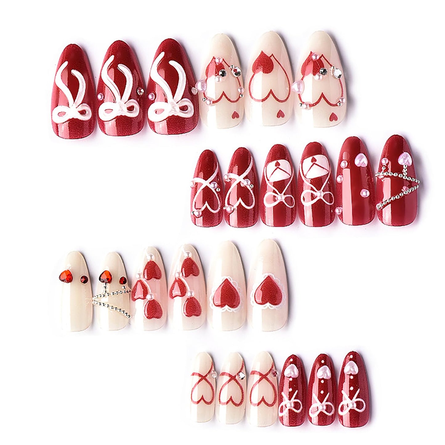 Valentine's Press-On Nails - 24 Pcs Medium Almond Acrylic Set with Heart Pearl Rhinestones & 3D Bow | Full Cover for Women