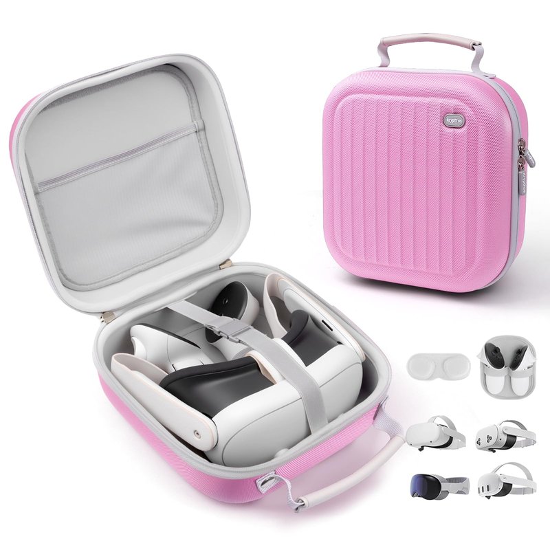 Krypthos Hard Carrying Case Compatible with Meta Quest 3S/Quest 3/Quest 2/Vision Pro, Portable VR Gaming Headset and Touch Controllers Case with Lens Protector, Suit for Travel and Home Storage (Pink)