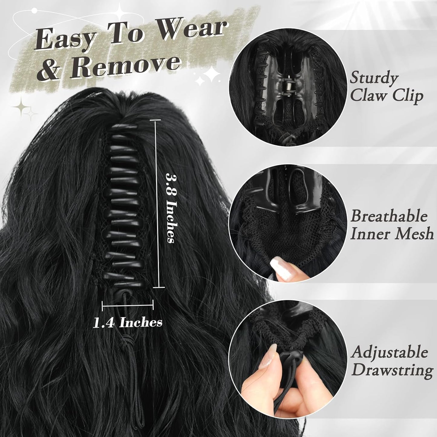 Black Ponytail Extension - 18 Inch Curly Claw Clip Hairpiece for Women | Natural Black Multi-Layered Synthetic Ponytail