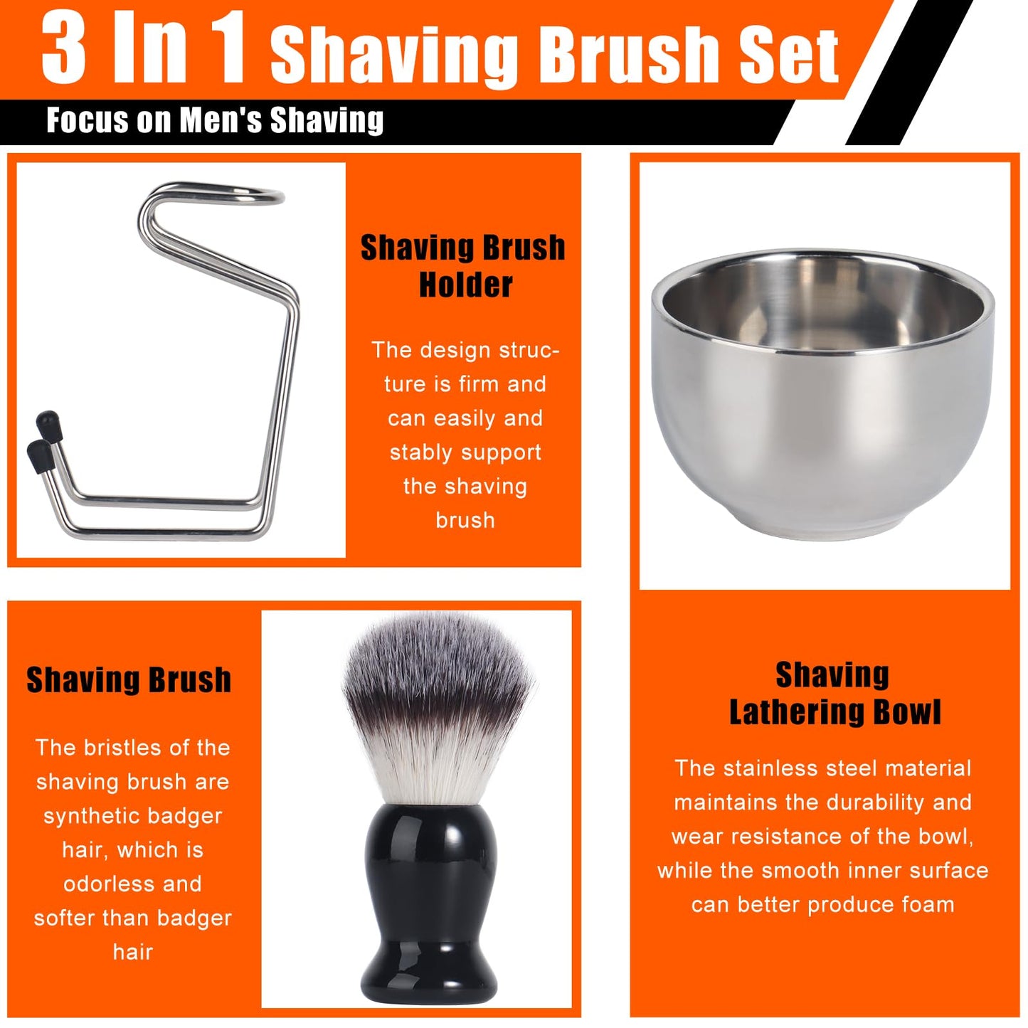 VALENTISE Shaving Brush, 3 In 1 Shaving Brush Set Includes Stainless Steel Shaving Stand and Bowl, Synthetic Badger Hair Shave Brush for Men's Shave Gift