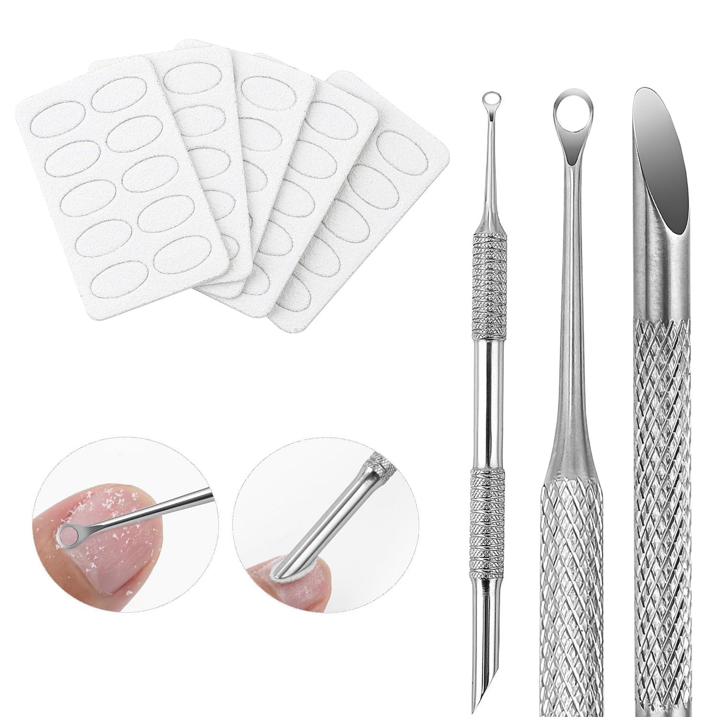 Cuticle Pusher Tool - Dual-End Cuticle Remover with Sandpaper Sheets | Manicure Essential (1 Pusher + 5 Sheets)