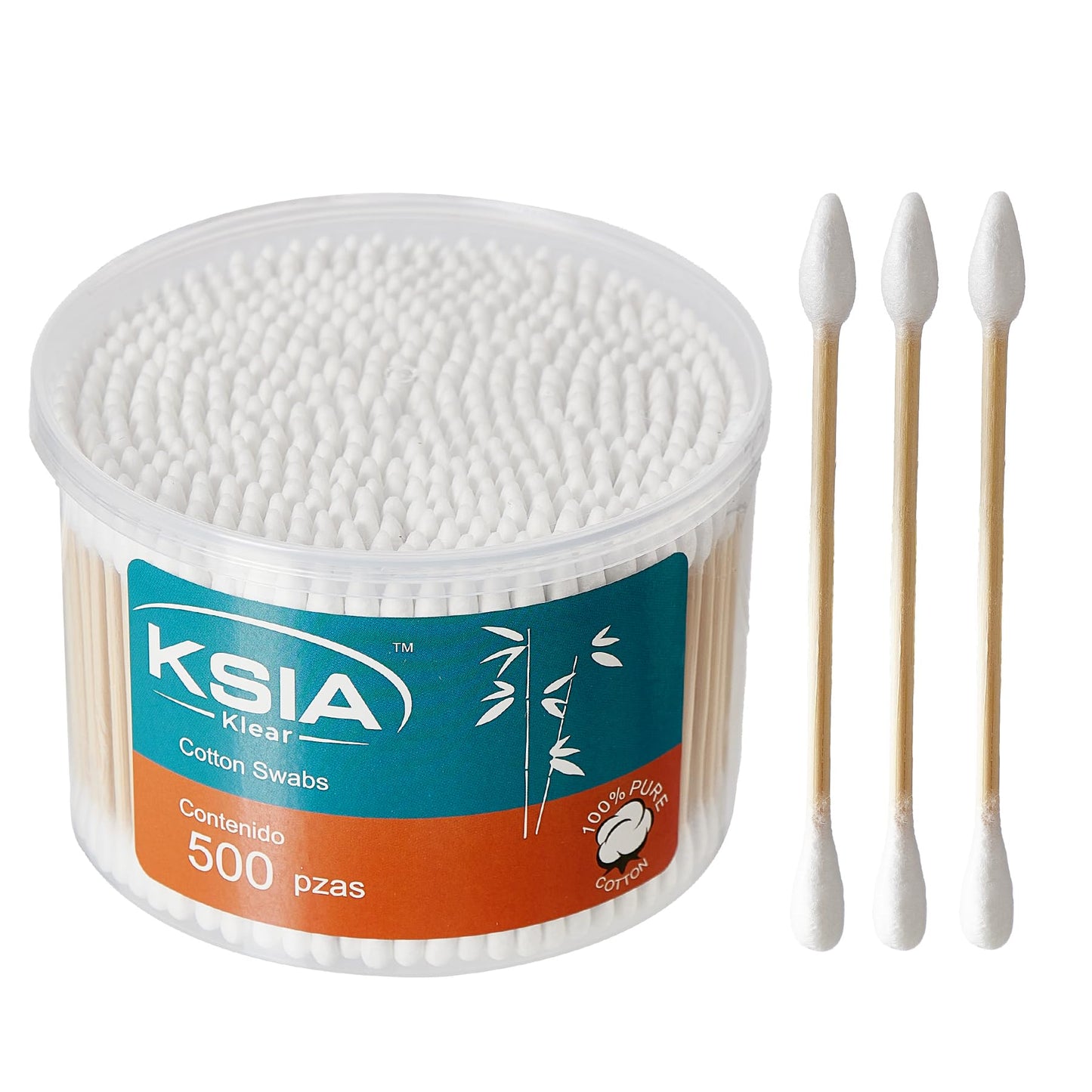 KSIA Klear Cotton Swabs 500 Count, Double Tipped Cotton Buds with Pointed & Round Tips, Strong Wooden Sticks Cotton Swabs For Ears, Makeup, Personal Care and Cleaning, 1 Box Pack