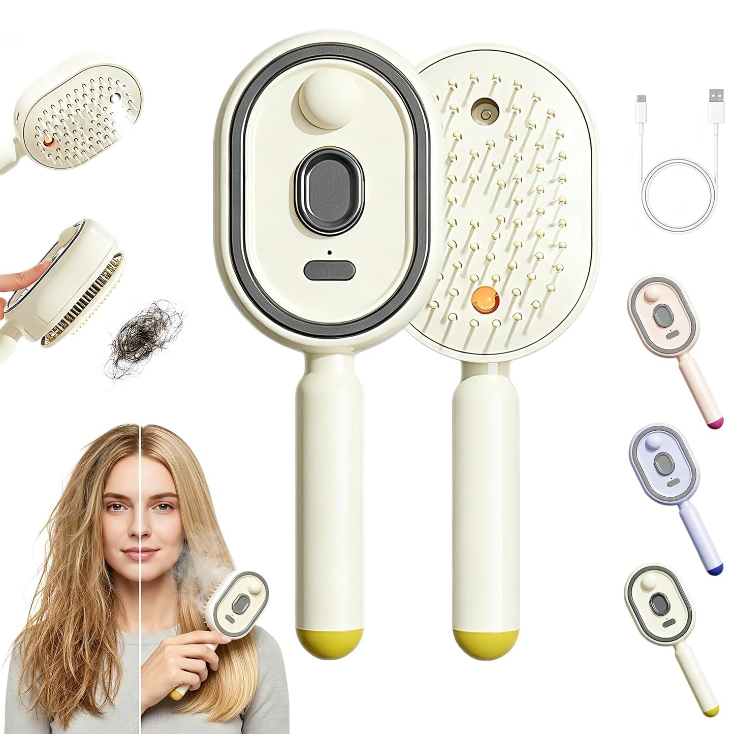 Electric Steam Brush for Hair, Rechargeable Mist Hair Brush with Detangling Air Cushion Comb for Women, Portable Anti-Static Smoothing Brush for Dry, Frizzy & Tangled Hair