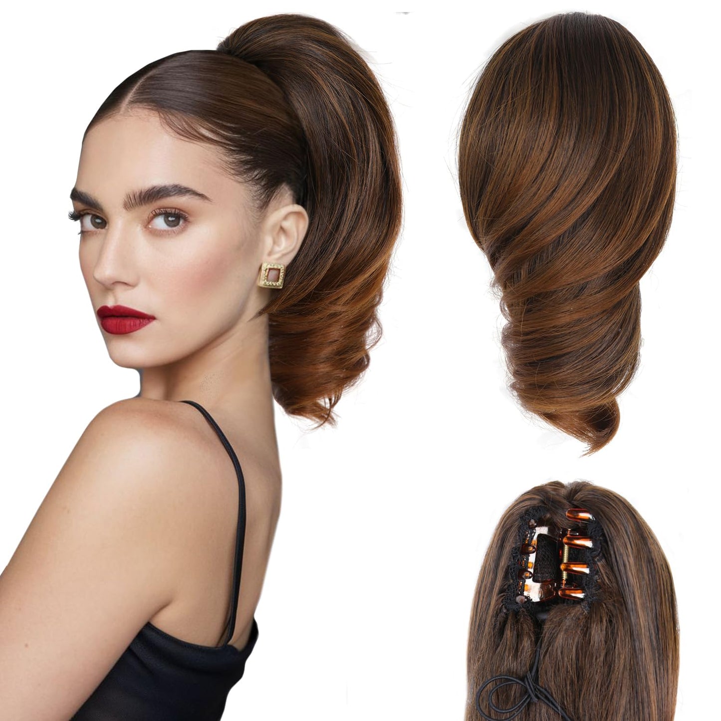 12 Inch Short Ponytail Extension - Curly Wavy Clip-In Hair Extensions | Synthetic Claw Clip - Copper Brown