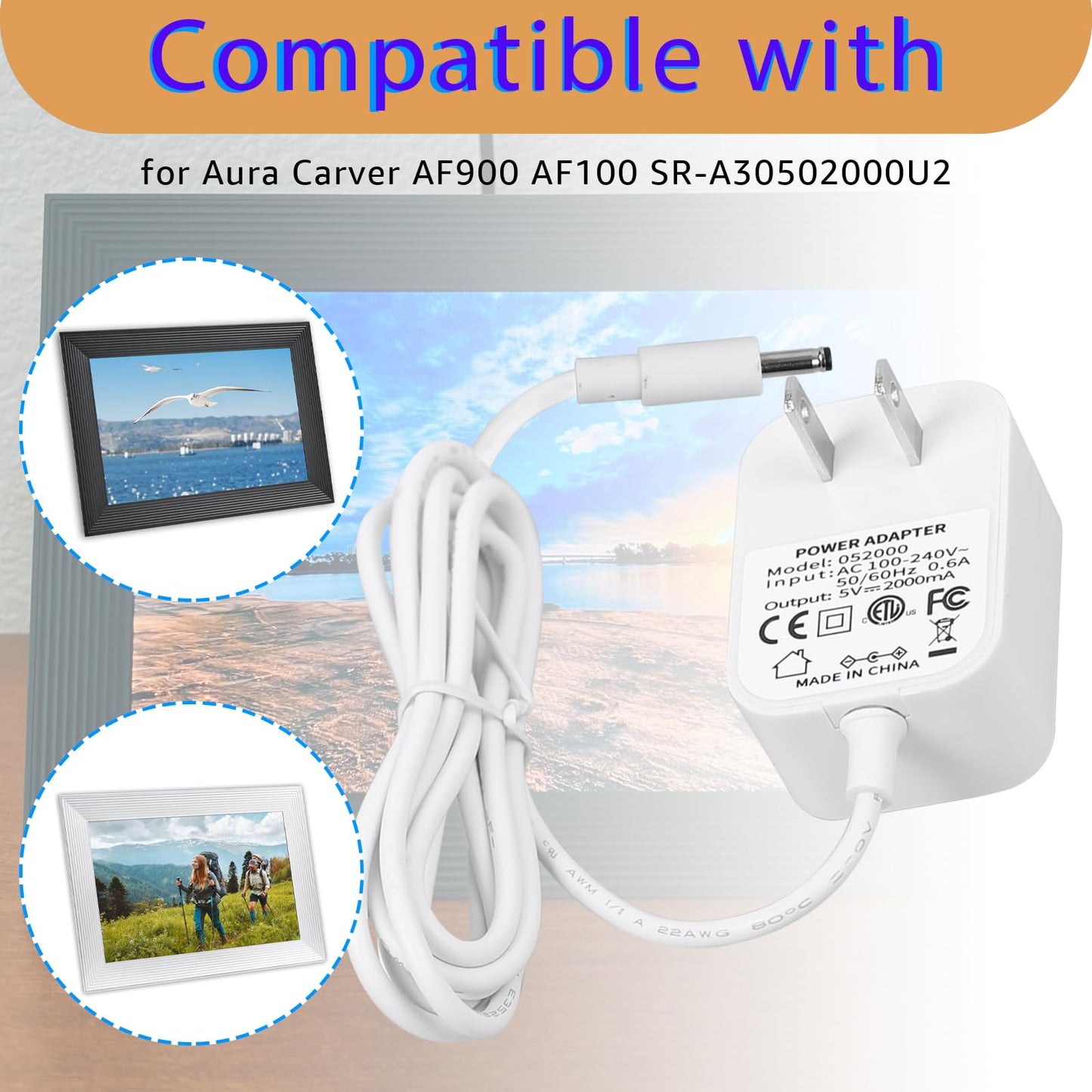 5ft Power Cord for Aura Carver AF900 & AF100,Replacement for Aura Frame SR-A30502000U2 WiFi Digital Picture Frame Power Adapter
