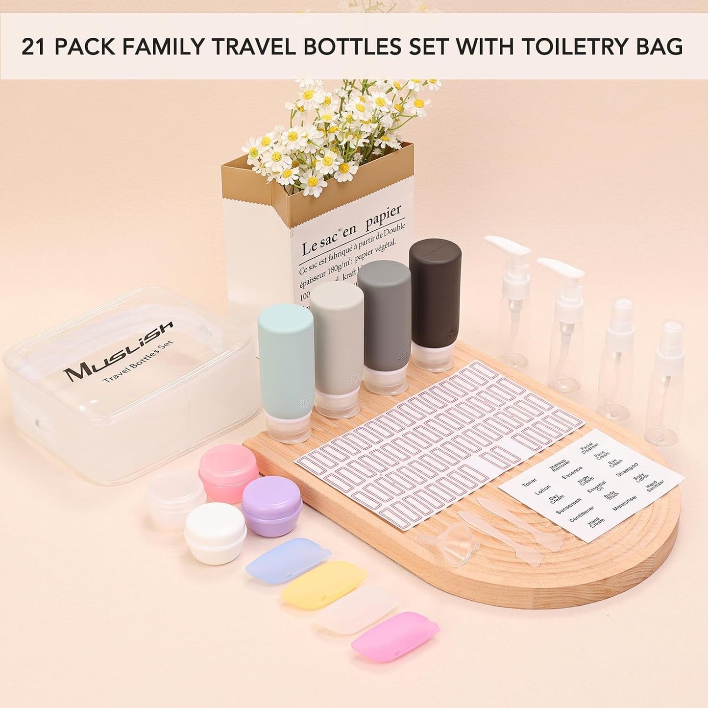 Travel Bottles for Toiletries - 21 Pack Leak-Proof TSA Compliant Silicone Containers | BPA Free, Gray Toiletry Bag Included