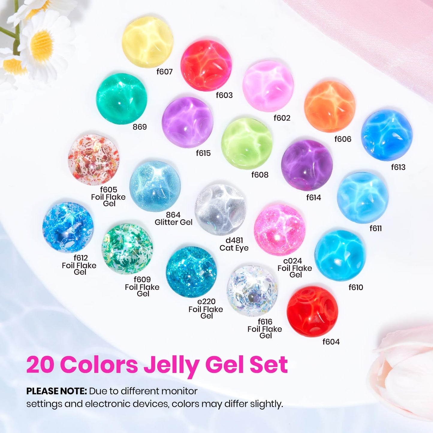Beetles Jelly Gel Nail Polish Set - 20 Colors Summer Neon Rainbow Pink Yellow Purple Glitter Gel, Soak Off UV LED Gel Nail Kit with Base Matte Top Coat DIY Nail Art Gift for Women