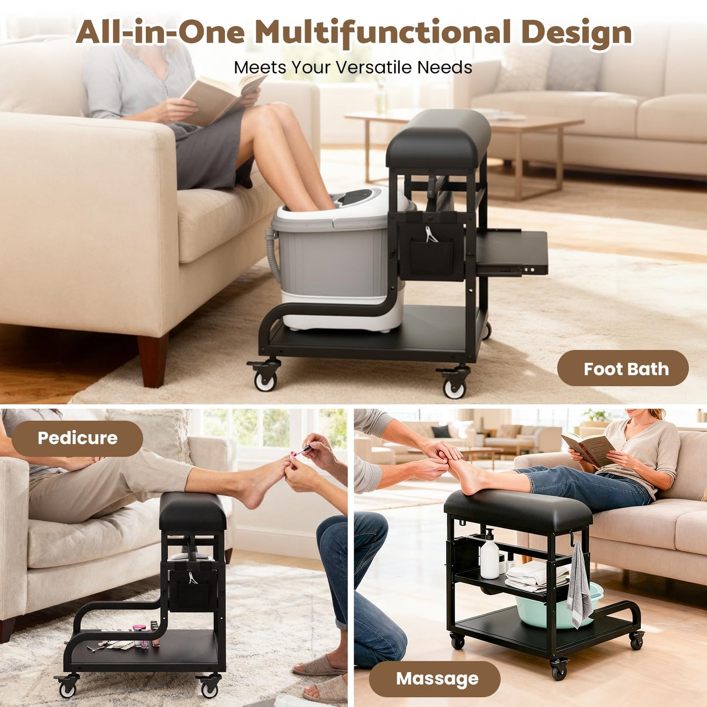 Adjustable Pedicure Foot Rest with 3-Level Height, PU Cushion, Storage & Locking Wheels, Mobile Pedicure Cart Foot Bath Trolley for Foot Bath, Salon & Spa (Black)