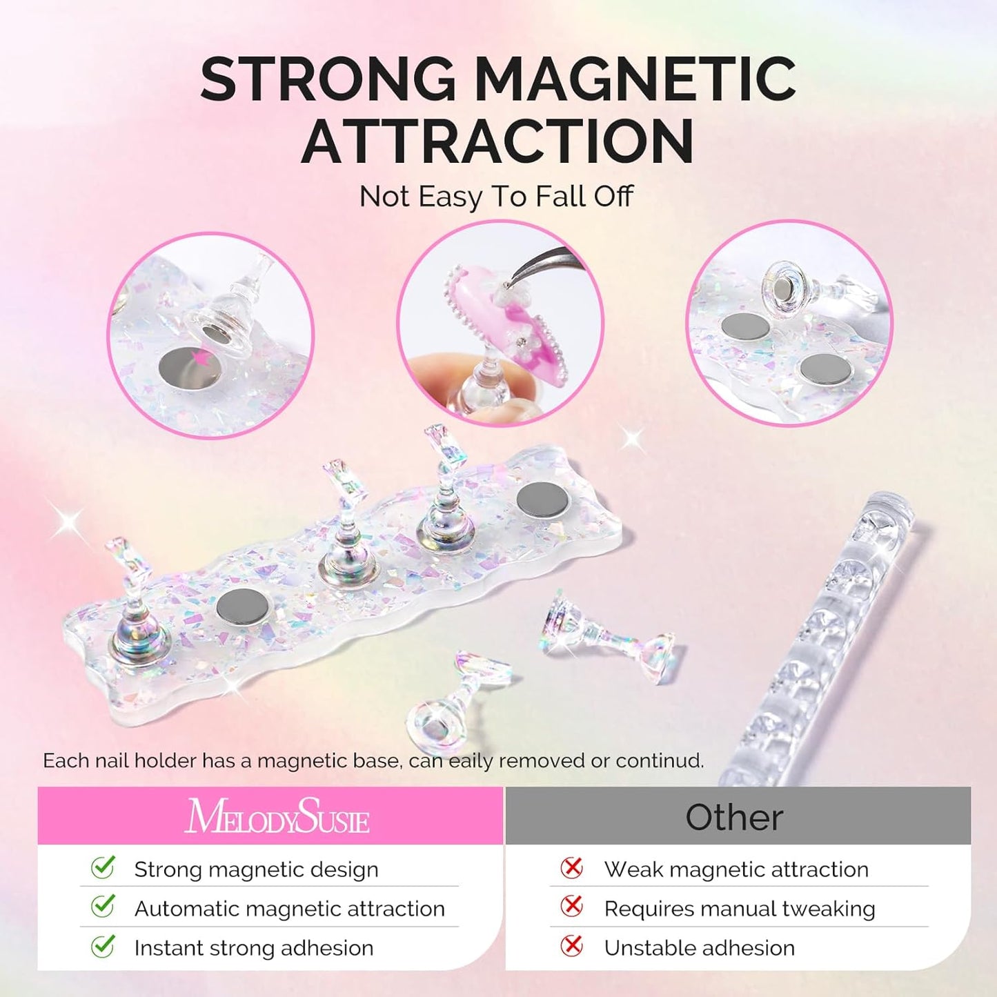 MelodySusie Nail Stand - White Shiny Acrylic Display with Brush Holder & 100 Reusable Double-Sided Tapes | Perfect for DIY Nail Art