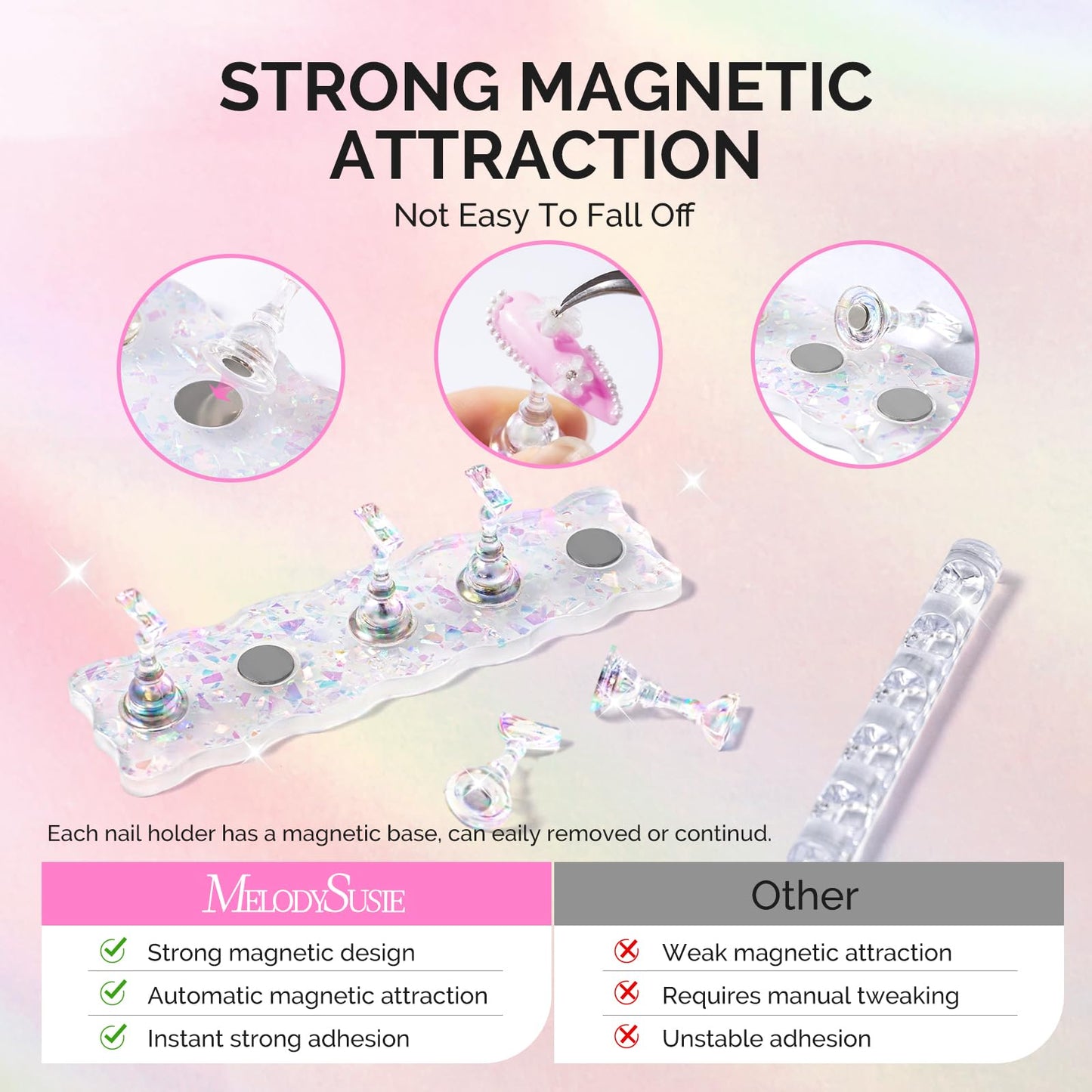 MelodySusie Nail Stand for Press Ons, White Shiny Acrylic Magnetic Base for Painting Display with Brush Holder and 100 Pcs Reusable Double-Sided Tape for Home DIY Salon Supplies