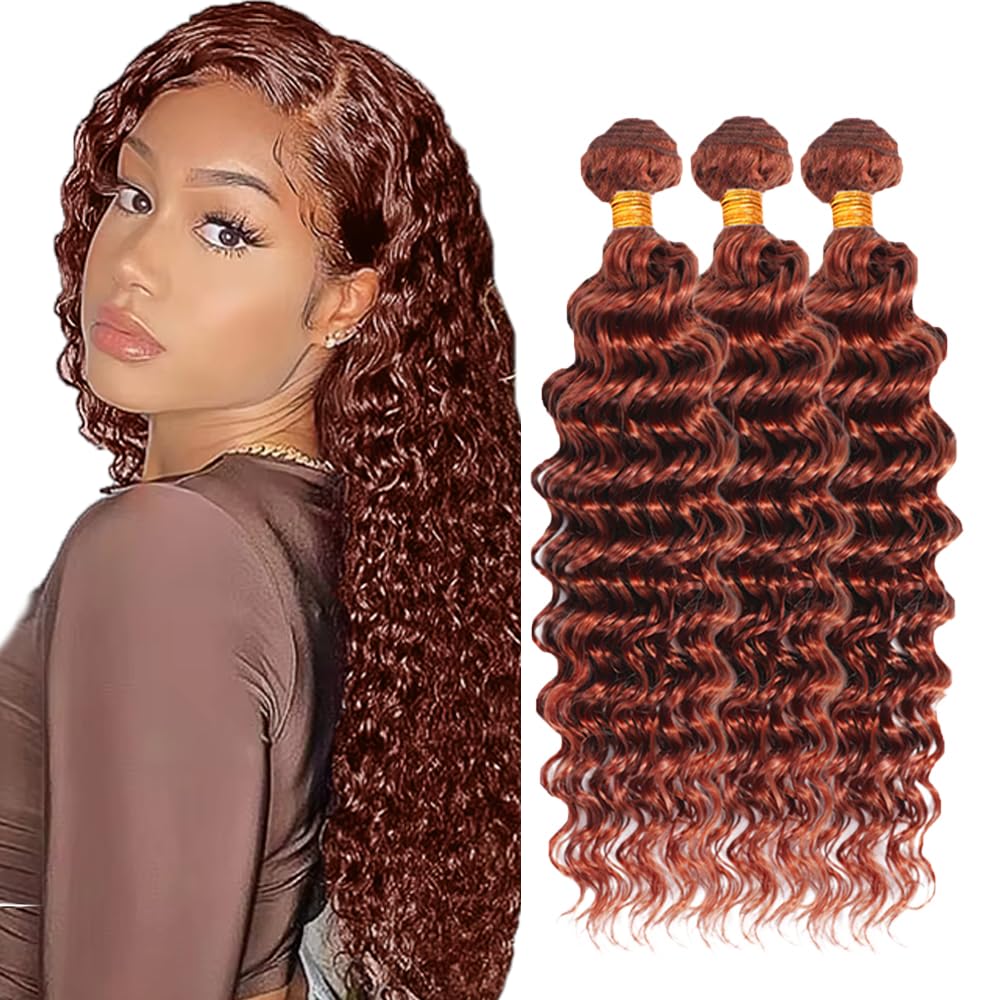#33 Brown Bundles Human Hair Deep Wave Bundles 28 30 32 Inch Light Brown Unprocessed Brazilian Virgin Hair 3 Bundles Deals Quick Weave Hair Extensions 50 Gram Per Bundle