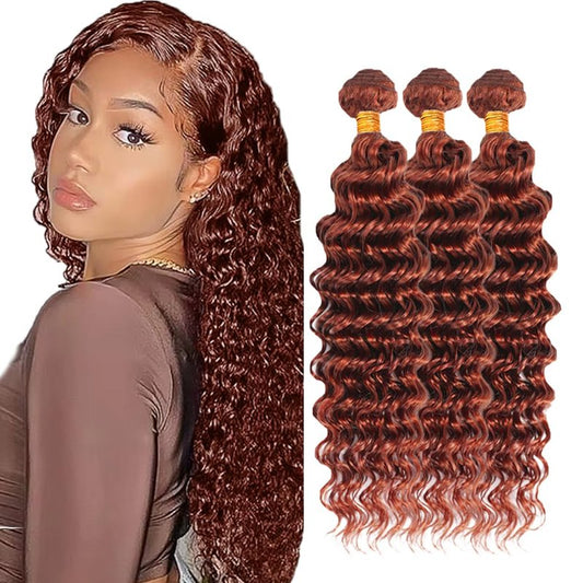 #33 Brown Bundles Human Hair Deep Wave Bundles 28 30 32 Inch Light Brown Unprocessed Brazilian Virgin Hair 3 Bundles Deals Quick Weave Hair Extensions 50 Gram Per Bundle