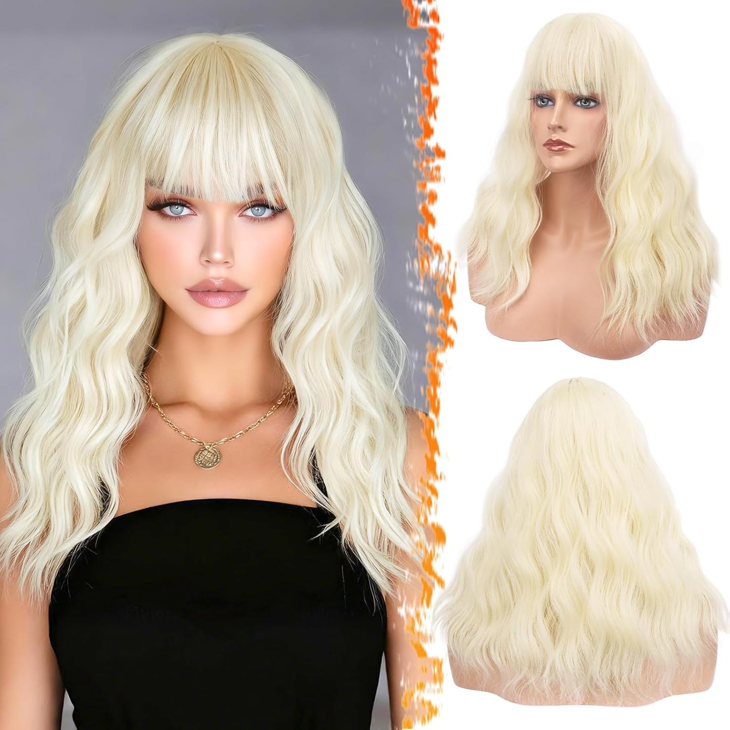 Long Wavy Blonde Curtain Bangs Wig - 26" Synthetic Ombre Wig with Dark Roots | Soft Natural Look