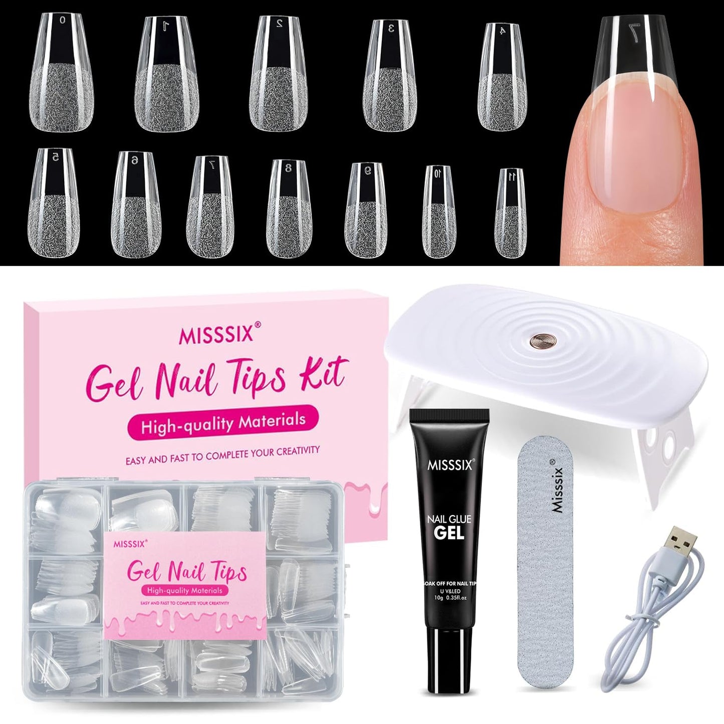 Almond Gel Nail Tips Kit - 216 Pre-Etched Clear Fake Nails | 9-in-1 Gel Glue & Mini UV Lamp for Women, 12 Sizes