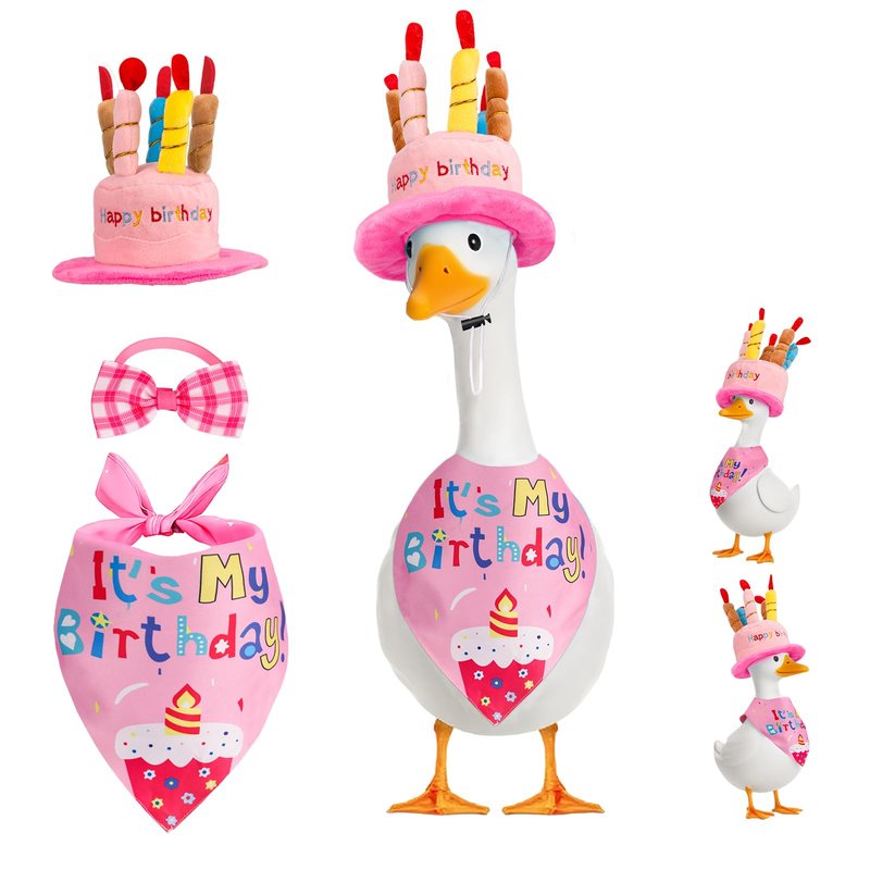 Wanocean Porch Goose Outfits, Happy Birthday Outfits Set with Cake Hat & Bow-Tie, Mothers Day Gifts for Women Mom Wife, Porch Cement Goose Costume Fit 17"- 23" Geese for Outdoor Garden Decor,Pink
