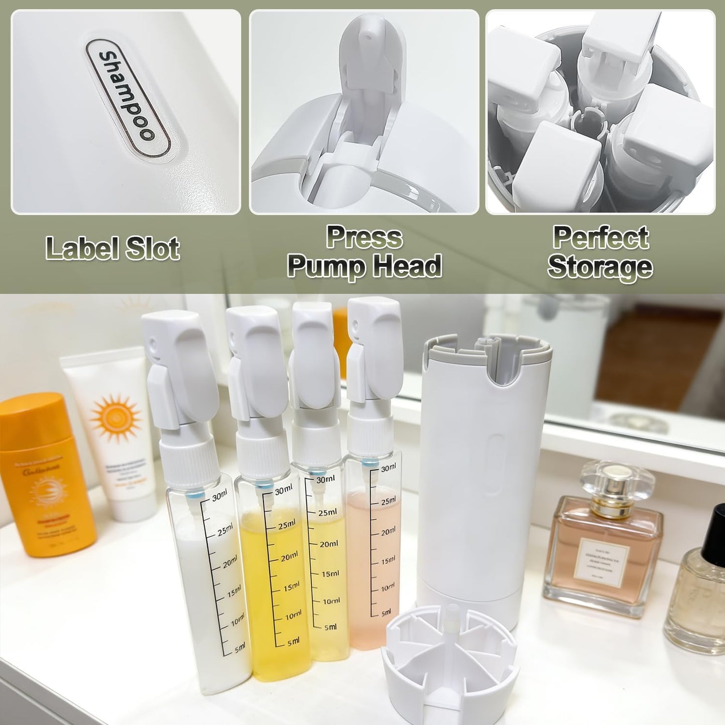 Travel Pump Dispenser Bottles - 4 in 1 Leak-Proof 30ML Containers with Measurement Scale & Labels | Green