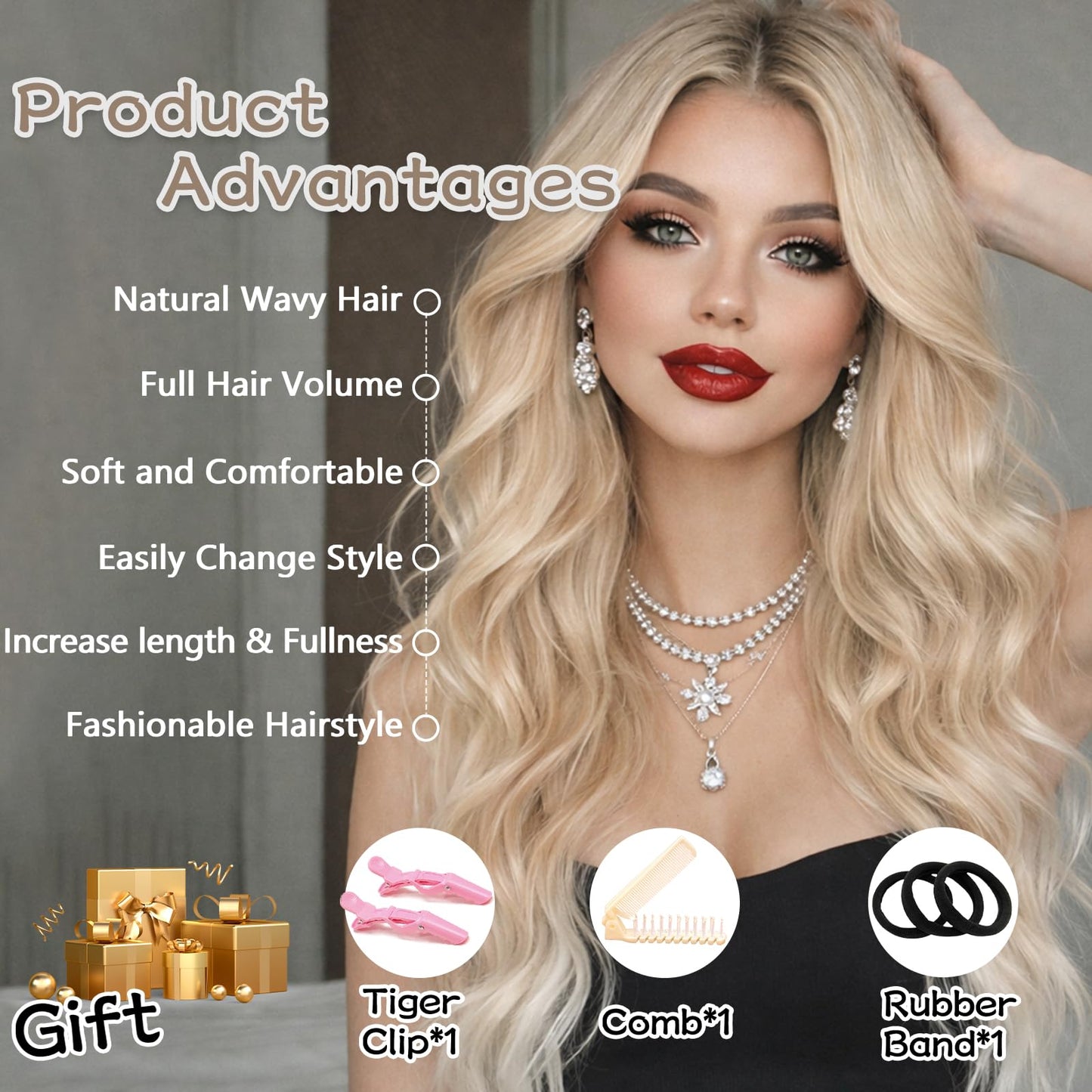 NAYOO Ombre Platinum Blonde Clip in Long Wavy Hair Extensions for Women 4PCS Curly Synthetic Thick Hairpieces with Fiber Double Weft Hair Full Head（20 inch, Ombre Platinum Blonde）