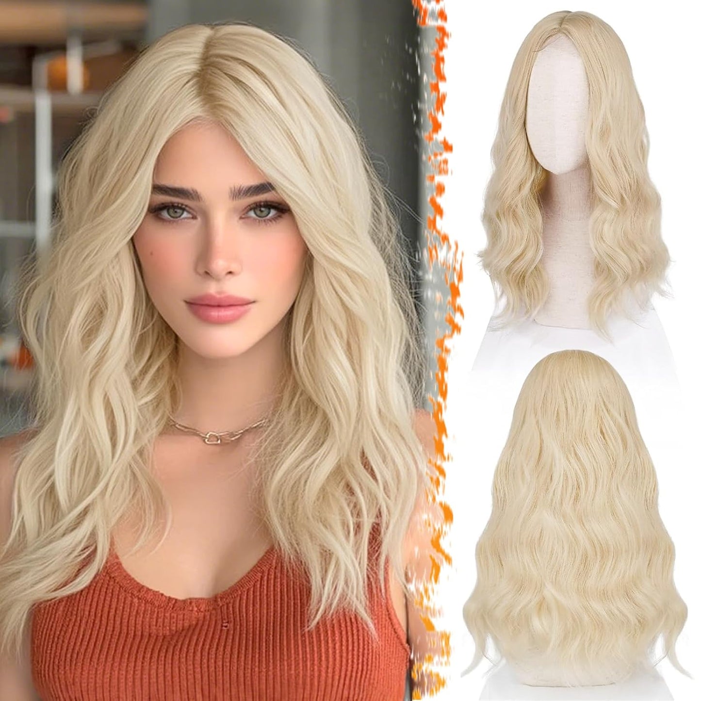 18 Inch Wavy Beige Blonde Wig - Medium Length Synthetic Wig for Women | Natural Soft Waves for Daily Wear & Parties