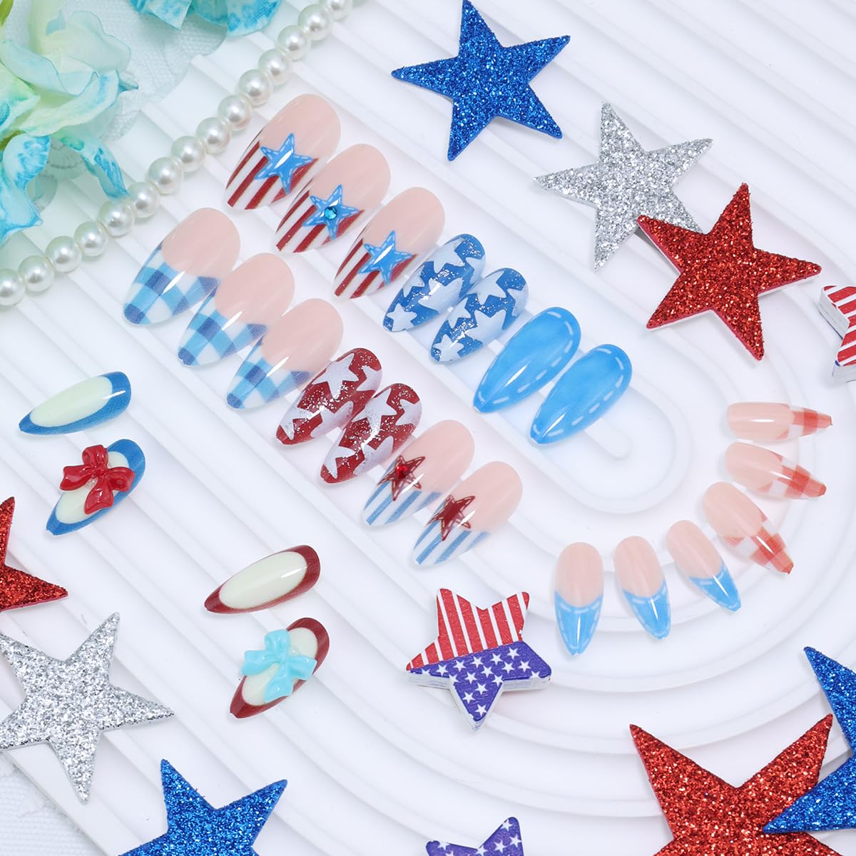 Independence Day Press-On Nails - 30Pcs Medium Almond Shape with 3D Red & Blue Bow Designs | Patriotic French Tip Full Cover