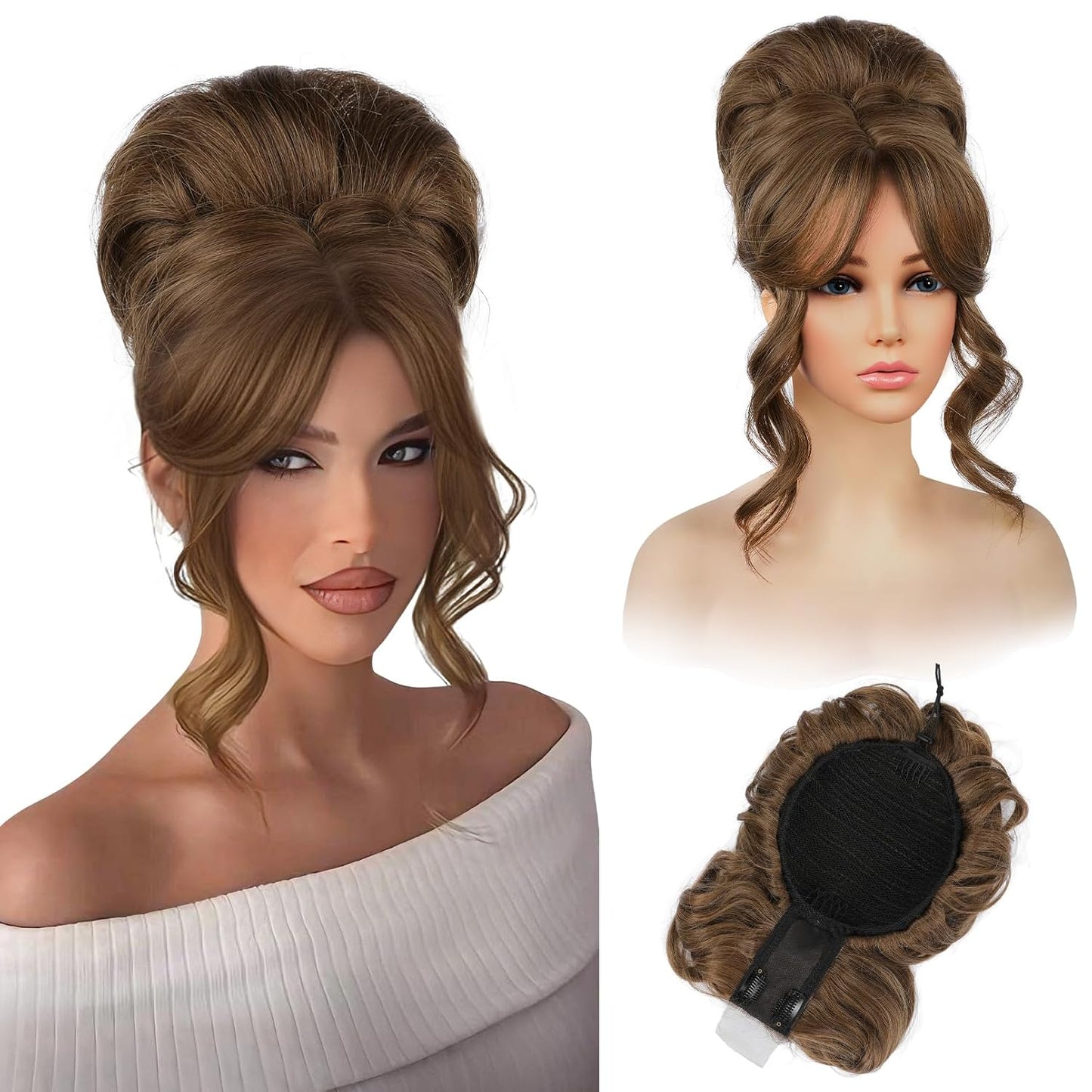 Messy Bun Hair Piece with Bangs - 2-in-1 Drawstring Ponytail Extension & Updo Wig | Natural-Looking Black Hair Topper