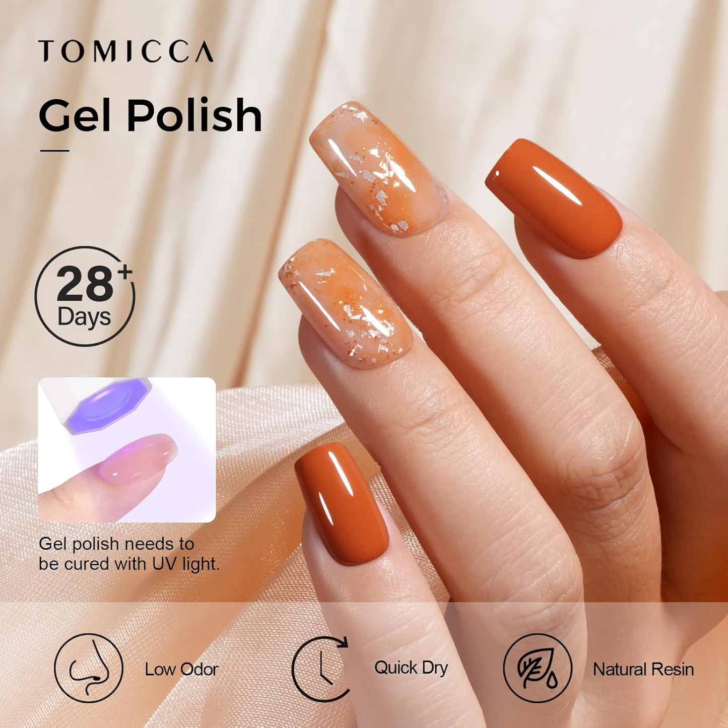 TOMICCA Gel Nail Polish - Dark Orange Autumn Winter Color | Long Lasting High Gloss Soak Off UV LED for DIY Manicure