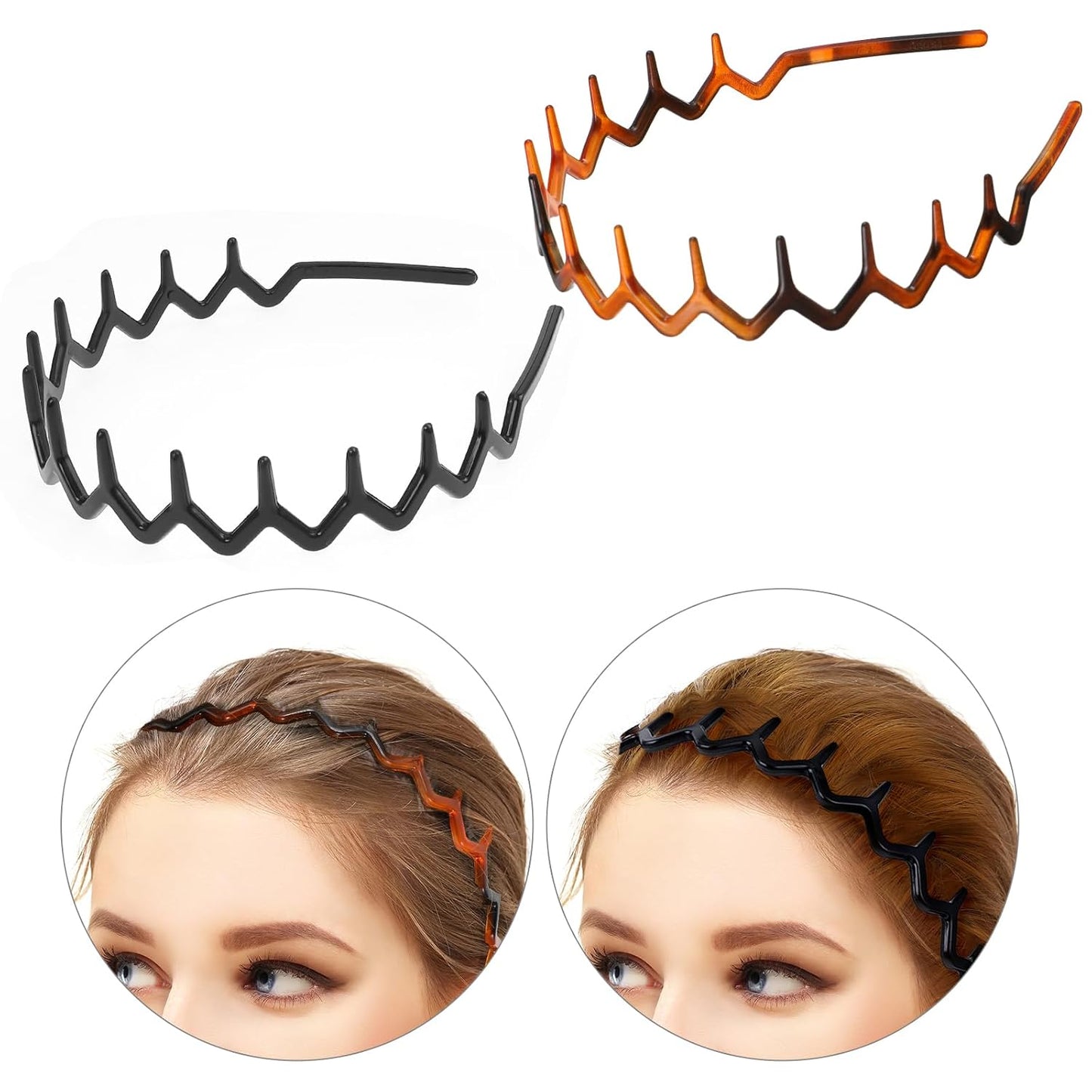 Zig Zag Hairbands - 4-Piece Set of Wavy Plastic Headbands for Women | Black & Amber Colors