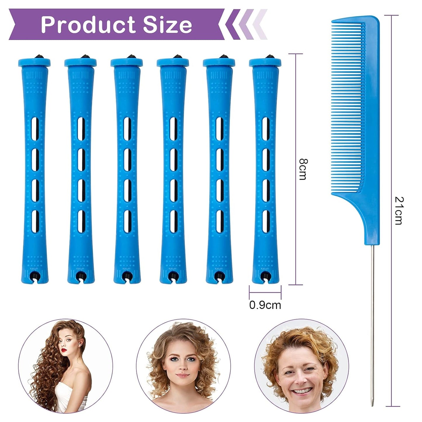 Hair Perm Rods Set - 60PCS Blue Plastic Curlers with Steel Pintail Comb | DIY Hair Styling Tools (0.9cm)