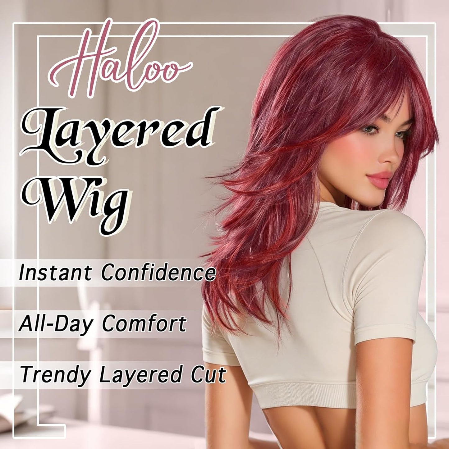 Red Layered Wig with Curtain Bangs - Long Wavy Synthetic Hair, 20 Inch Natural Look for Women | Perfect for Daily Wear & Parties