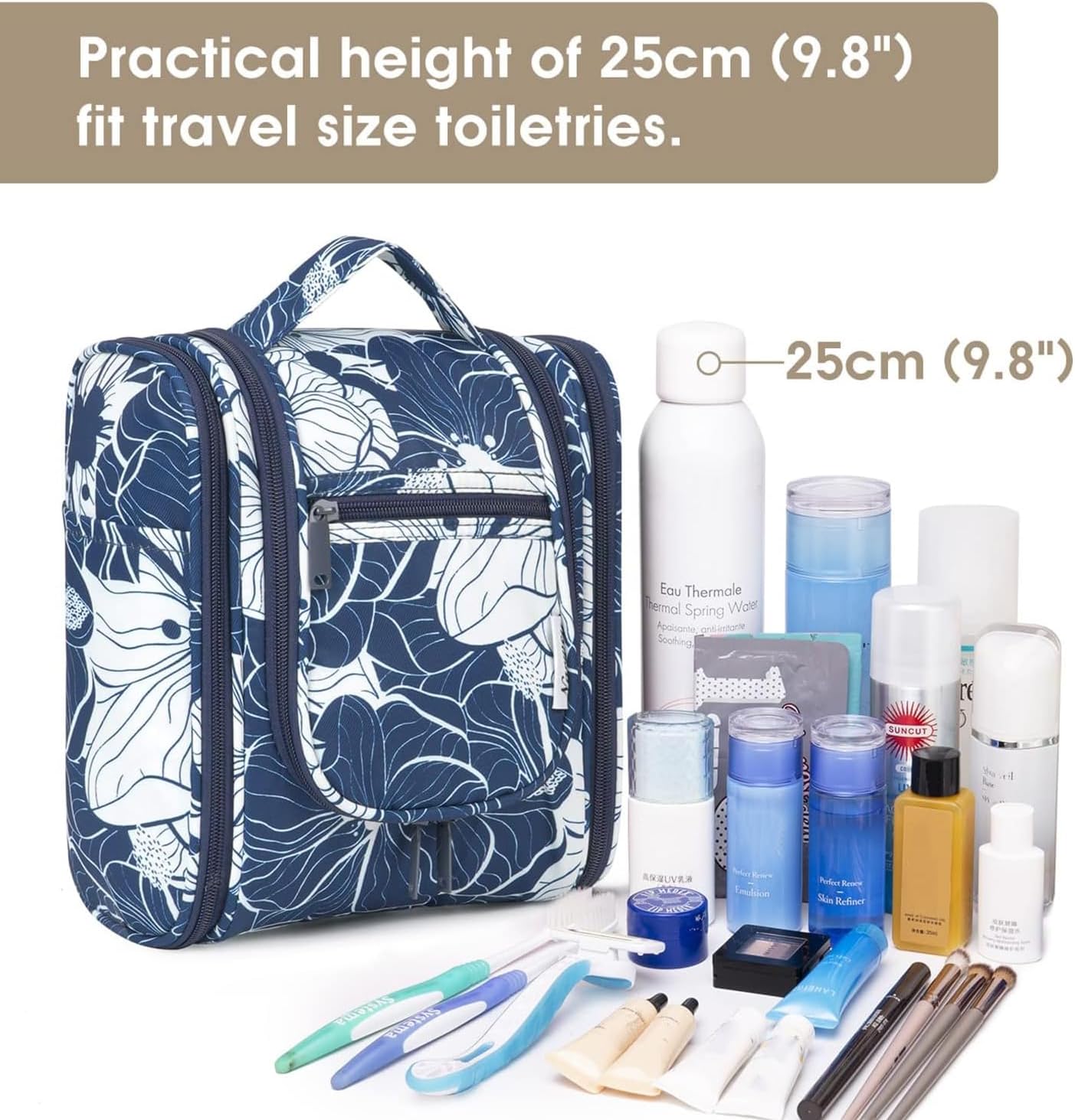 Travel Toiletry Bag Organizer - Small Hanging Cosmetic Case for Men & Women | Medium, Blue Lotus