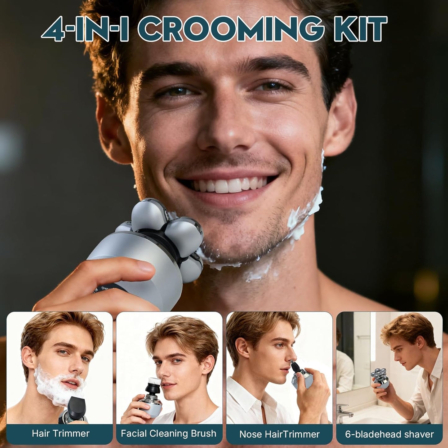Electric Head Shaver for Bald Men - 6D Floating Heads, IPX8 Waterproof, Fast Charging Grooming Kit | Dry & Wet Use