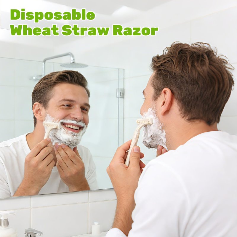 Eco-Friendly Wheat Straw Disposable Shave Kit - 50 Pcs Wheat Straw Razors and Shaving Cream(10g) Bulk, Individually Sealed for Hotel, Airbnb, Camping, Travel, Homeless, Shelters and Charities