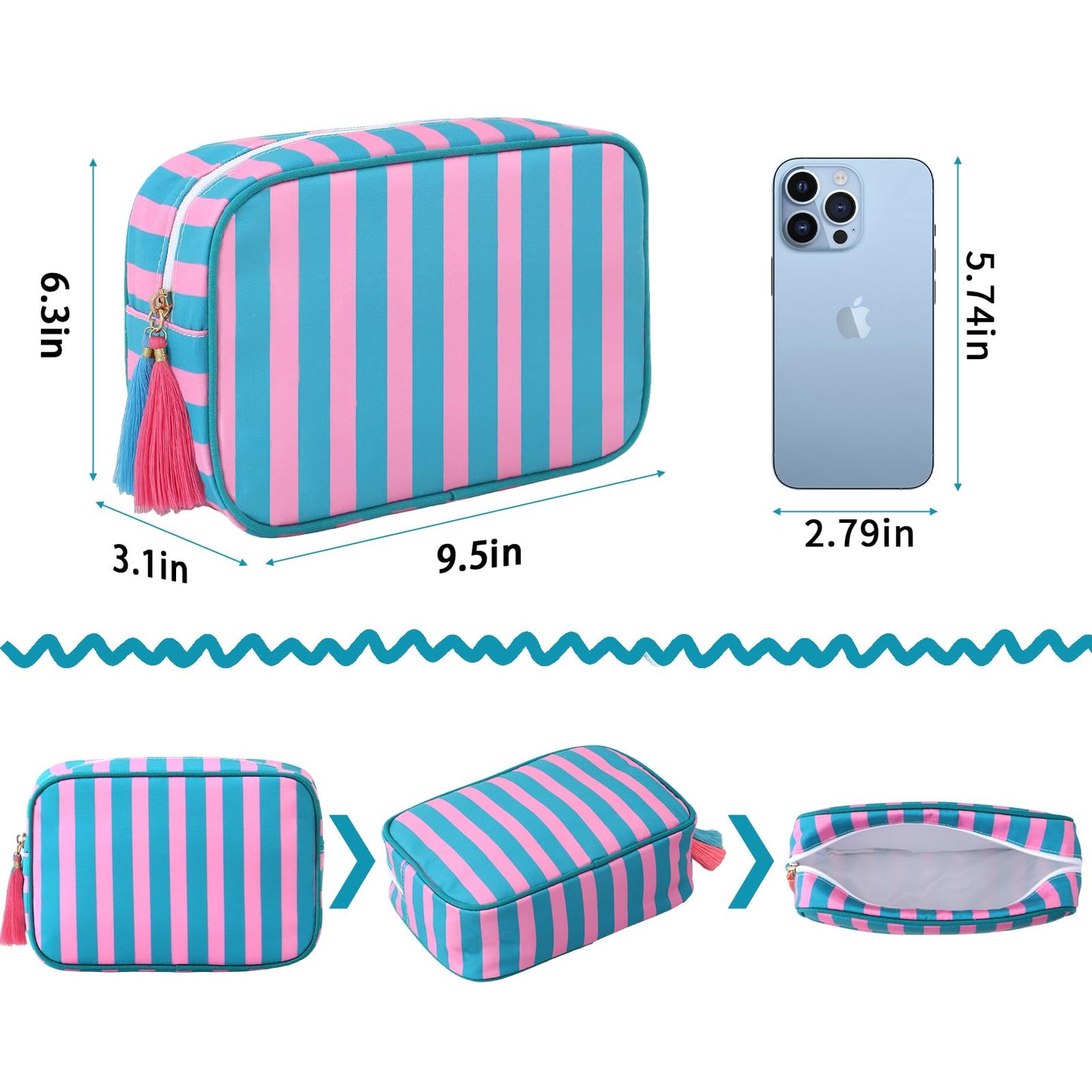 EMBRUNIOICE Stripe Makeup Bag Travel Cosmetic Bag Organizer Tassel Toiletry Bag Large Canvas Zipper Pouch and Accessories Storage Bag for Women (Pink with Green)