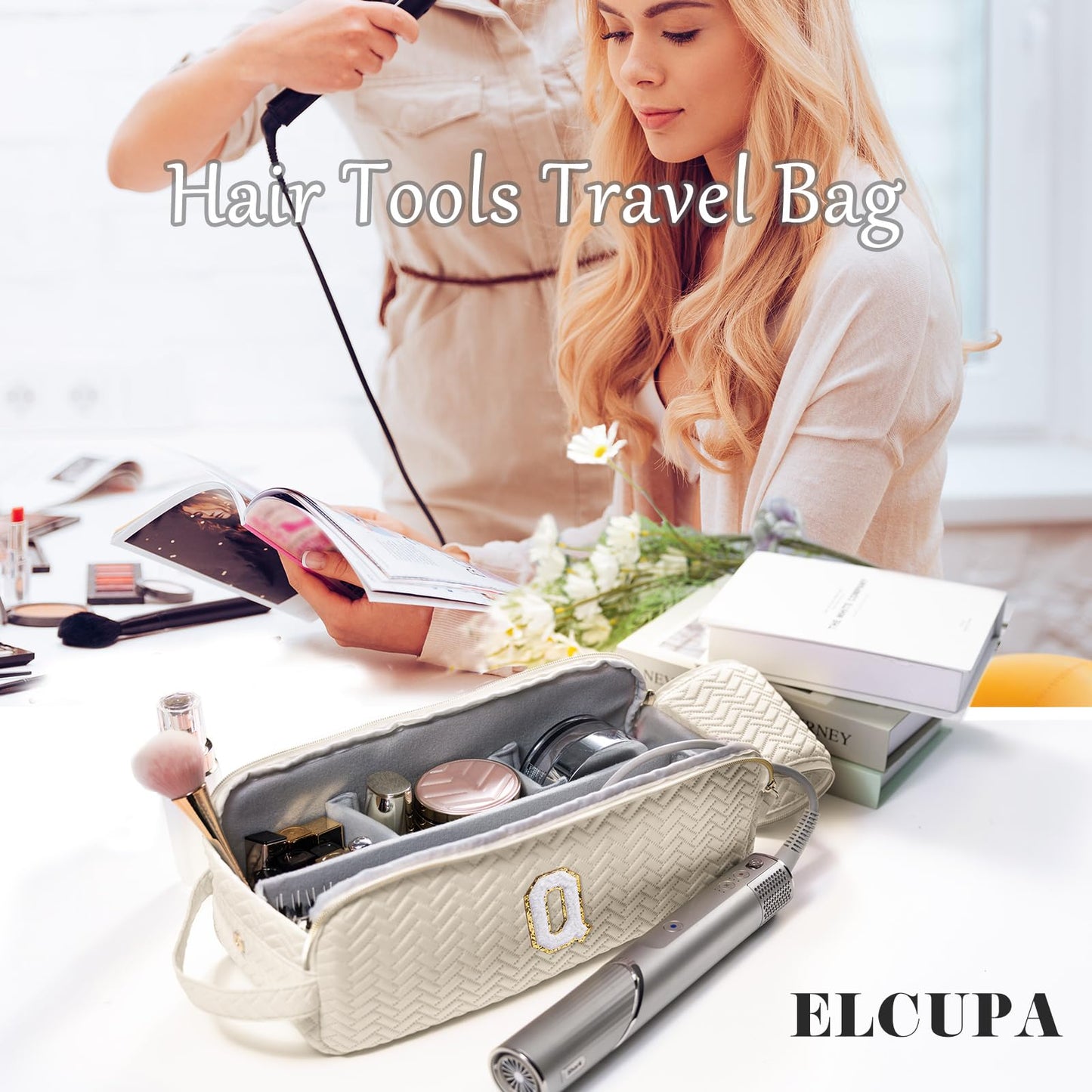 ELCUPA Initial Personalized Hair Tools Travel Bag Compatible with Shark FlexStyle, Revlon & Dyson | Hair Dryer Brush Organizer, Flat Iron, Curling Iron, Makeup & Cosmetic Bag for Travel Essentials